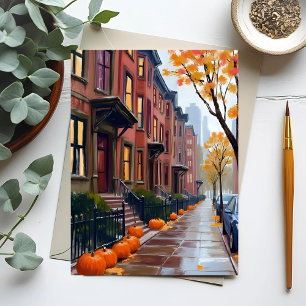 Boston Herfst Bruine Stenen Pompoen Aquarel Briefkaart