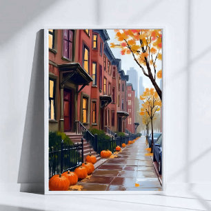 Boston Herfst Bruine Stenen Pompoen Waterverf Poster