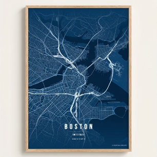 Boston Kaart Blauwdruk Massachusetts Stad Muurkuns Poster