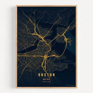 Boston Kaart Goud Print Massachusetts Stad Muur Ku