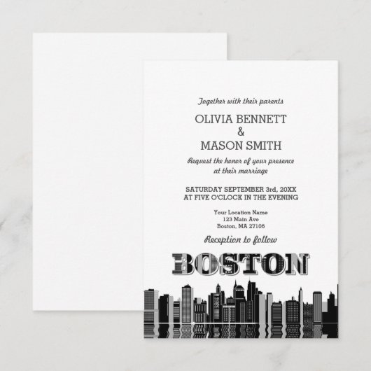 Boston Ma Skyline Cityscape Wedding Invitation Kaart (Voorkant / Achterkant)