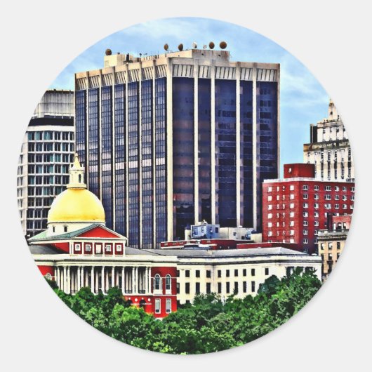 Boston MA - Skyline met Massachusetts State House Ronde Sticker (Voorkant)