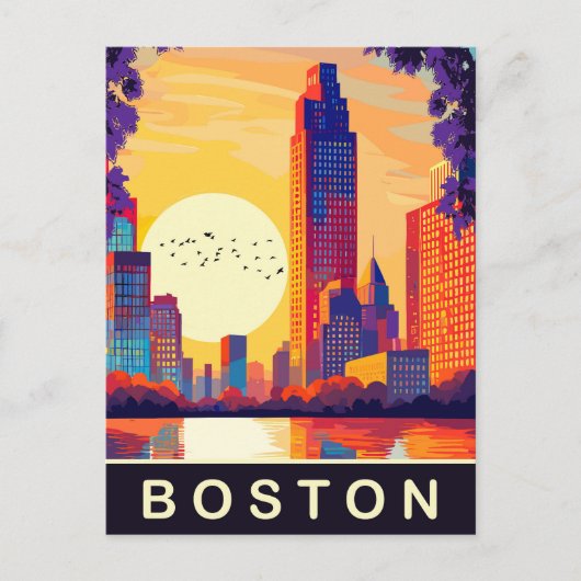 Boston, MA, Skyline op Zonsondergang, Reizen Briefkaart (Voorkant)