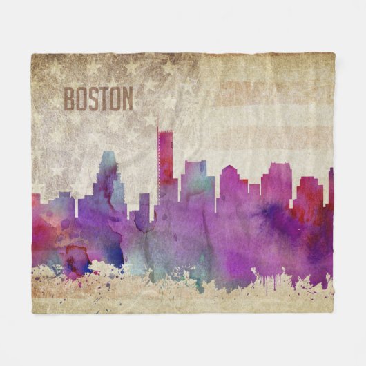 Boston, MA | Waterverf City Skyline Fleece Deken (Voorkant (Horizontaal))
