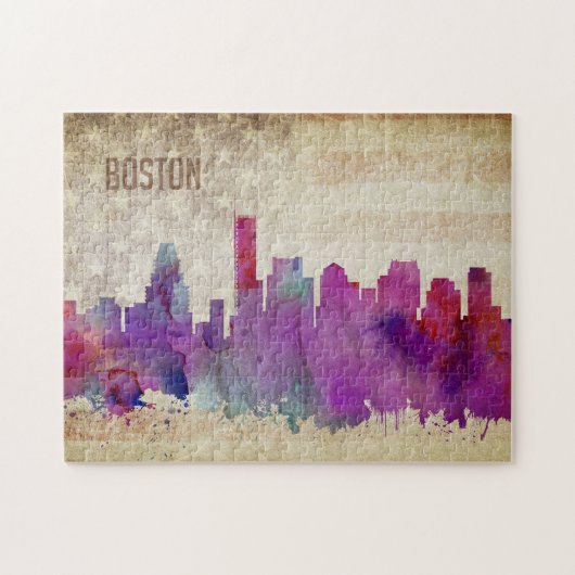Boston, MA | Waterverf City Skyline Legpuzzel (Horizontaal)