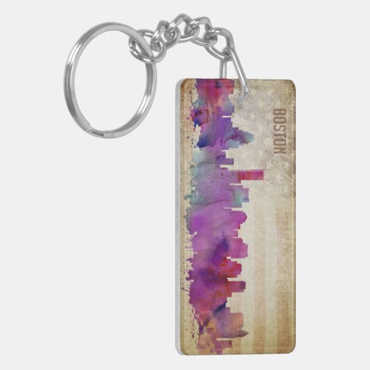 Boston, MA | Waterverf City Skyline Sleutelhanger (Voorkant Links)