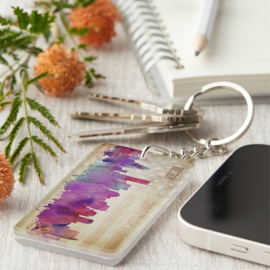 Boston, MA | Waterverf City Skyline Sleutelhanger (Voorkant Rechts)