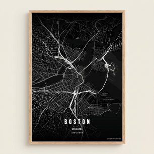 Boston Map Noir Print Massachusetts Stad Muurkunst
