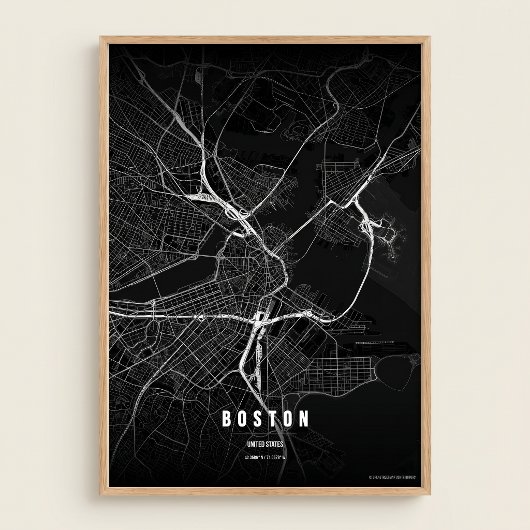 Boston Map Noir Print Massachusetts Stad Muurkunst
