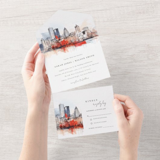 Boston Massachusetts City Scape Waterverf bruiloft All In One Uitnodiging (Afscheurbaar)
