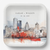 Boston Massachusetts City Scape Waterverf bruiloft Papieren Bordje (Voorkant)