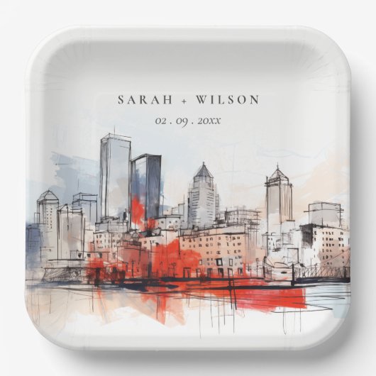 Boston Massachusetts City Scape Waterverf bruiloft Papieren Bordje (Voorkant)