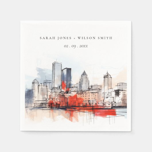Boston Massachusetts City Scape Waterverf bruiloft Servet (Voorkant)