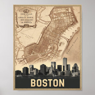 Boston Massachusetts City Skyline met  kaart Poster