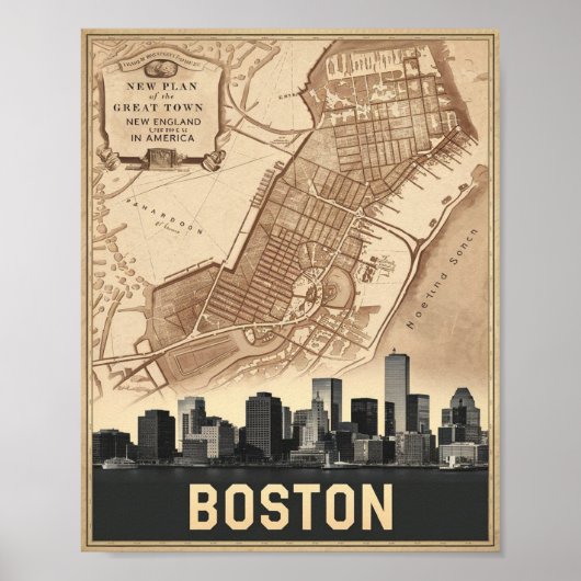 Boston Massachusetts City Skyline met  kaart Poster (Voorkant)