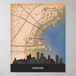 Boston Massachusetts City Skyline met  kaart Poster