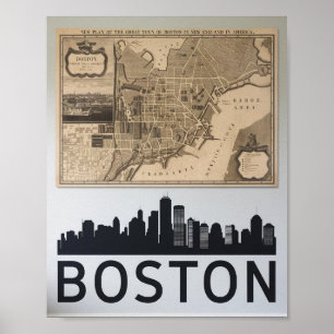Boston Massachusetts City Skyline met kaart Poster