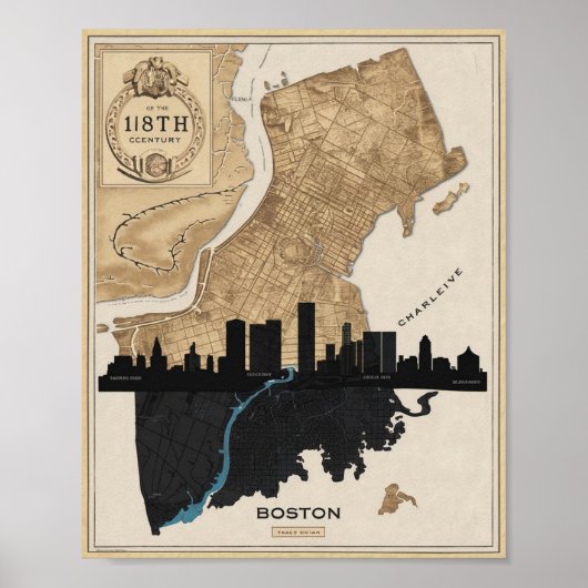 Boston Massachusetts City Skyline met  kaart Poster (Voorkant)