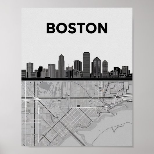 Boston Massachusetts City Skyline met kaart Poster (Voorkant)