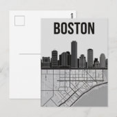 Boston Massachusetts City Skyline met Map Briefkaart (Voorkant / Achterkant)