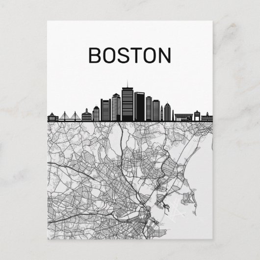 Boston Massachusetts City Skyline met Map Briefkaart (Voorkant)