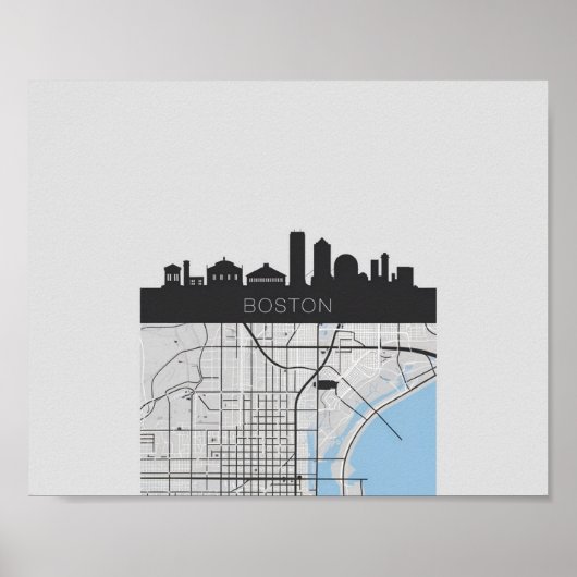 Boston Massachusetts City Skyline met Map Poster (Voorkant)
