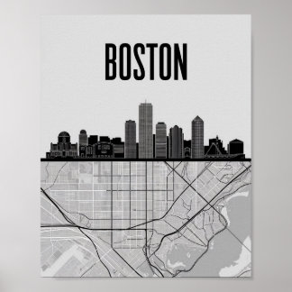 Boston Massachusetts City Skyline met Map Poster