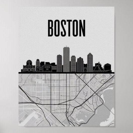 Boston Massachusetts City Skyline met Map Poster (Voorkant)