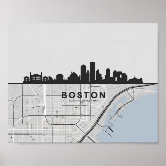 Boston Massachusetts City Skyline met Map Poster (Voorkant)