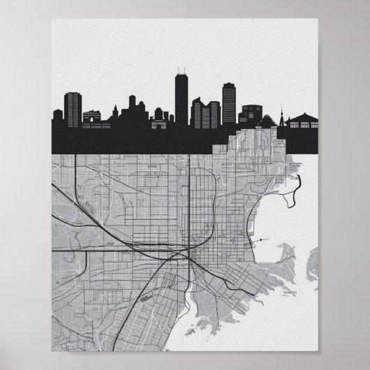Boston Massachusetts City Skyline met Map Poster (Voorkant)