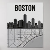 Boston Massachusetts City Skyline met Map Poster (Voorkant)