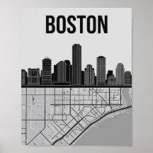 Boston Massachusetts City Skyline met Map