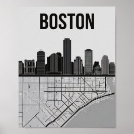 Boston Massachusetts City Skyline met Map Poster