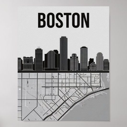 Boston Massachusetts City Skyline met Map Poster (Voorkant)
