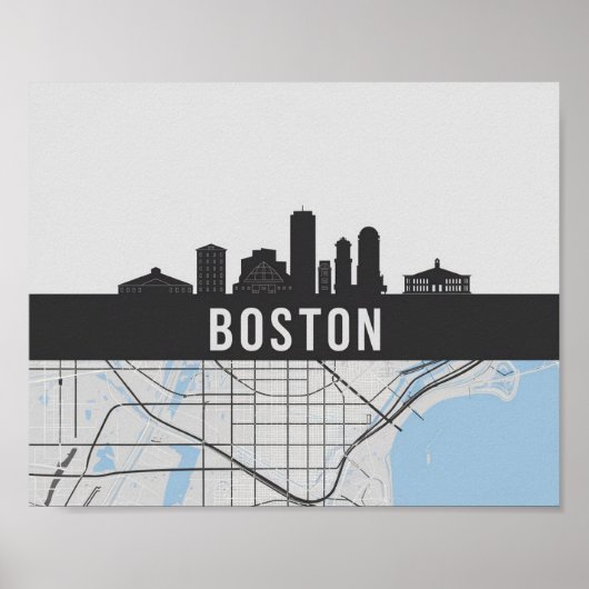 Boston Massachusetts City Skyline met Map Poster (Voorkant)