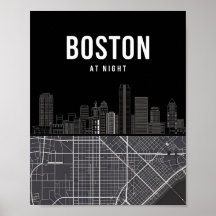 Boston Massachusetts City Skyline met Map