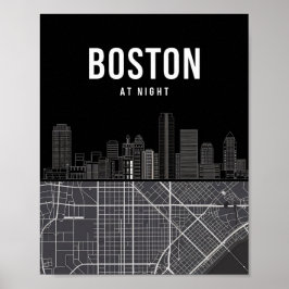 Boston Massachusetts City Skyline met Map Poster