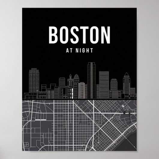 Boston Massachusetts City Skyline met Map Poster (Voorkant)