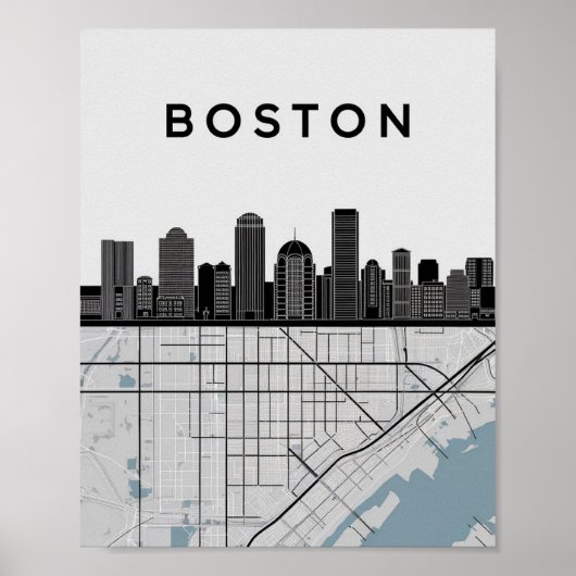 Boston Massachusetts City Skyline met Map Poster (Voorkant)