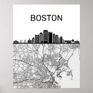 Boston Massachusetts City Skyline met Map Poster