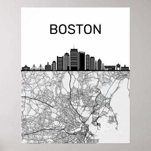 Boston Massachusetts City Skyline met Map Poster (Voorkant)