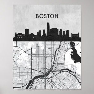 Boston Massachusetts City Skyline met Map Poster