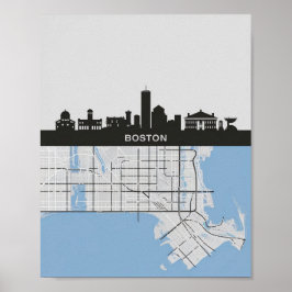 Boston Massachusetts City Skyline met Map Poster