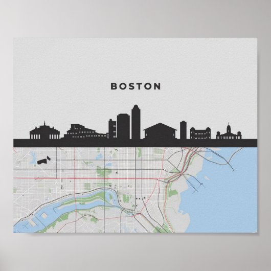 Boston Massachusetts City Skyline met Map Poster (Voorkant)