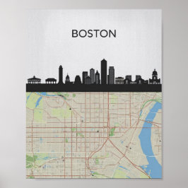 Boston Massachusetts City Skyline met Map Poster