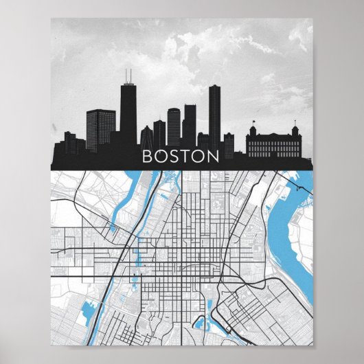 Boston Massachusetts City Skyline met Map Poster (Voorkant)