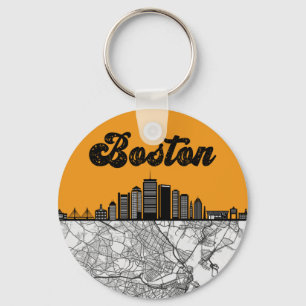 Boston Massachusetts City Skyline met Map Sleutelhanger
