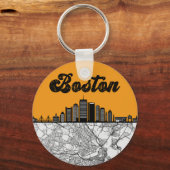 Boston Massachusetts City Skyline met Map Sleutelhanger (Voorkant)