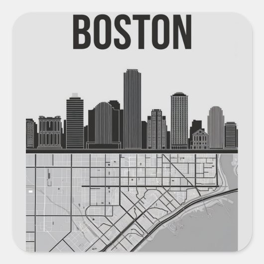 Boston Massachusetts City Skyline met Map Vierkante Sticker (Voorkant)
