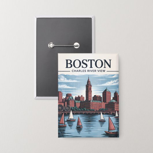  Boston Massachusetts Cityscape & Zeilboten Button (Voorkant / Achterkant)